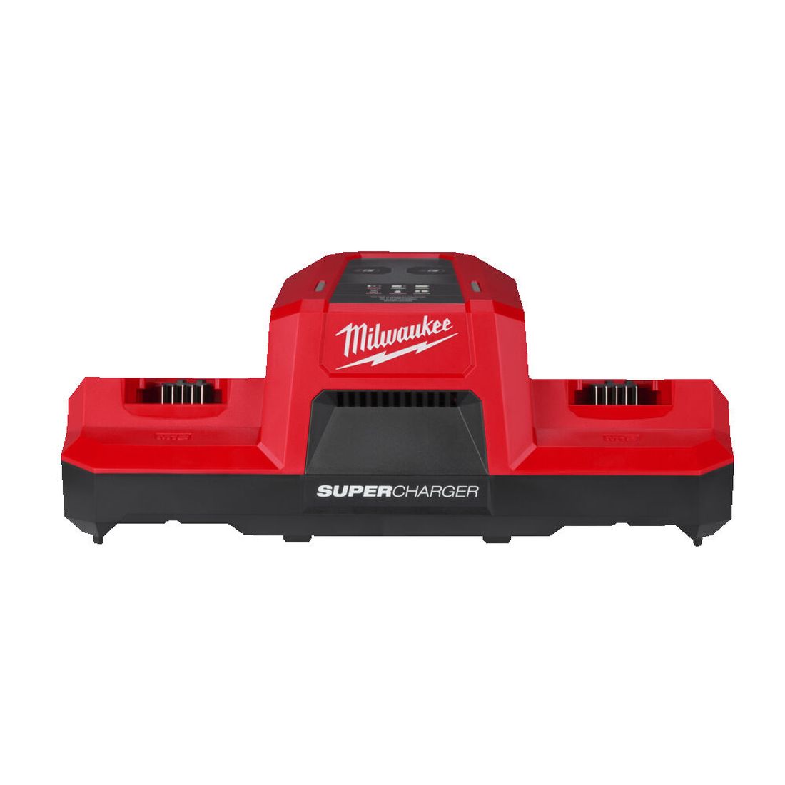 Milwaukee M18 FORGE DBSC 2-paikkainen pikalaturi. Kuvassa pikalaturi edestäpäin ilman akkuja.