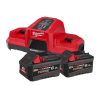 Milwaukee M18 FORGE DBSC 2-paikkainen pikalaturi. Kuvassa pikalaturi ja kaksi 6,0 Ah akkua oikealta etuviistosta.