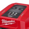 Milwaukee M18 FORGE DBSC 2-paikkainen pikalaturi. Lähikuvassa pikalaturin varausindikaattorit oikealta etuviistosta.