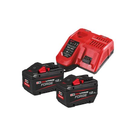 Milwaukee Akkusetti M18 FORGENRG-122. Kuvassa M12-18 FC pikalaturi ja kaksi M18 FB12 12,0 Ah akkua.