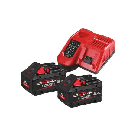 Milwaukee Akkusetti M18 FORGENRG-802. Kuvassa M12-18 FC pikalaturi ja kaksi M18 FB8 8,0 Ah akkua.