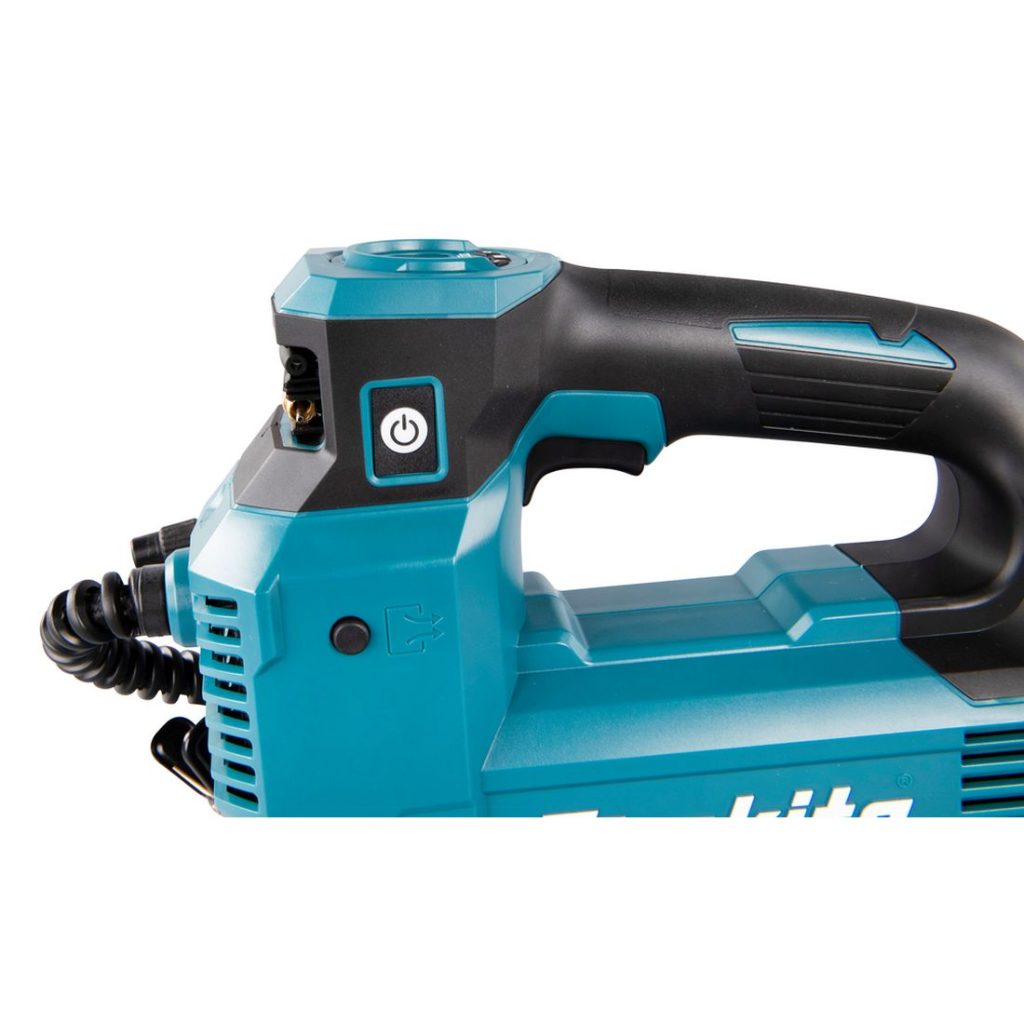 MAKITA Ilmapumppu LXT. Lähikuvassa Ilmapumppu LXT:n käyttökytkin.