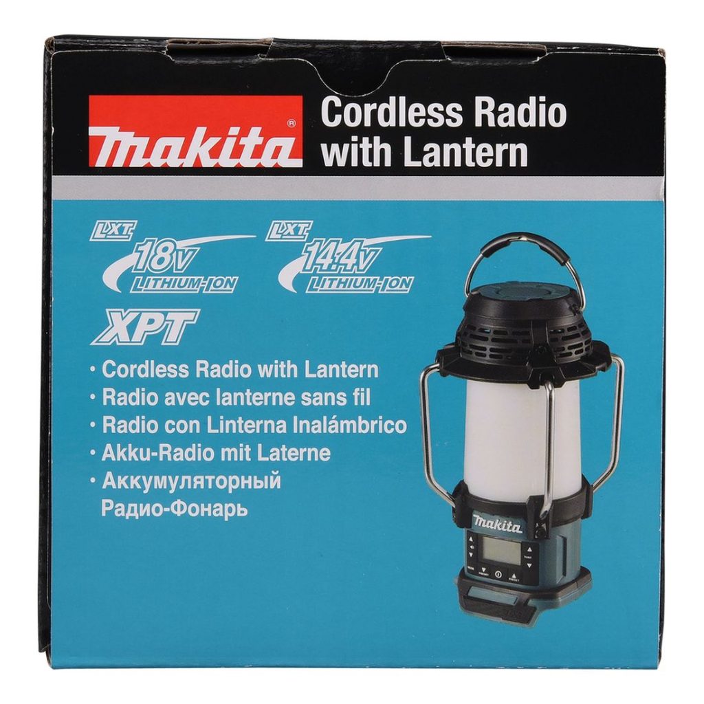 MAKITA Lyhty / Radio LXT. Kuvassa tuotteen myyntipakkaus ylhäältäpäin.