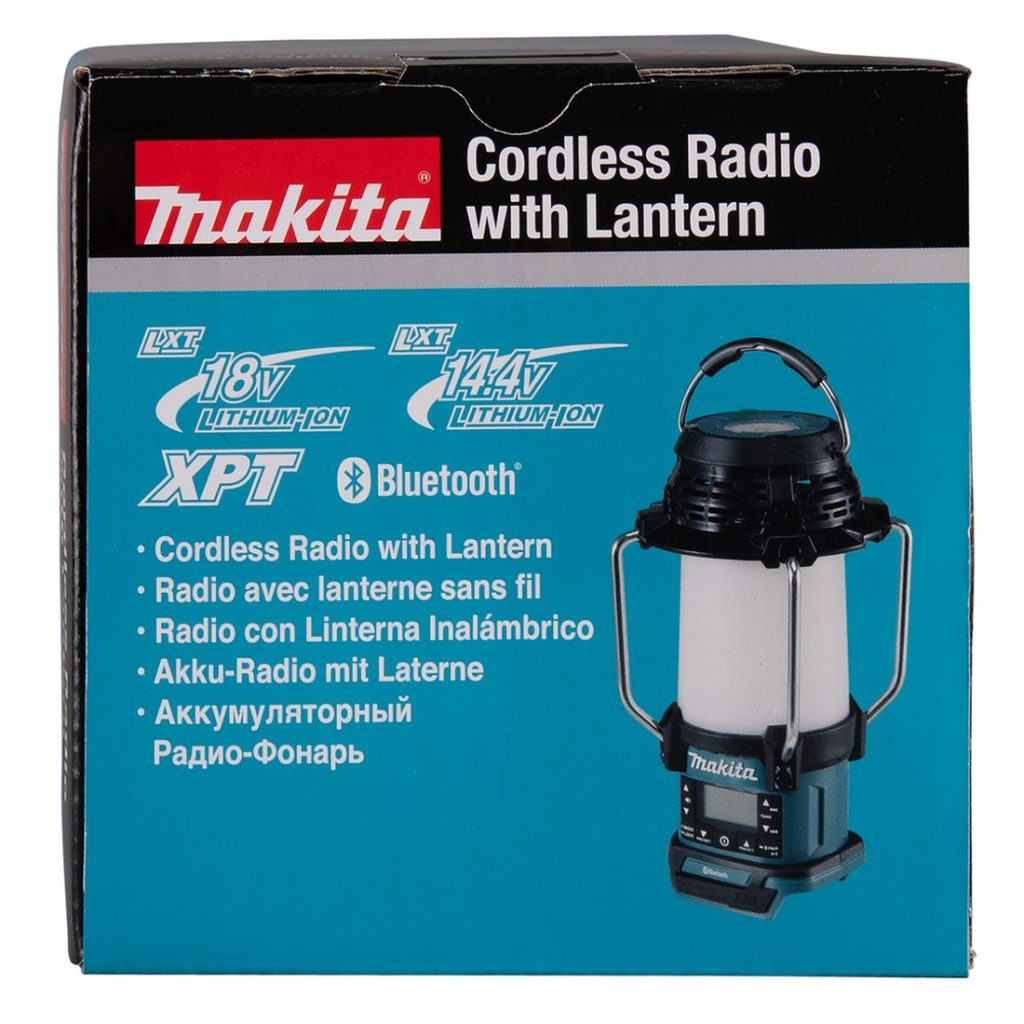 MAKITA Lyhty / Radio / Kaiutin LXT. Kuvassa tuotteen myyntipakkaus ylhäältäpäin.
