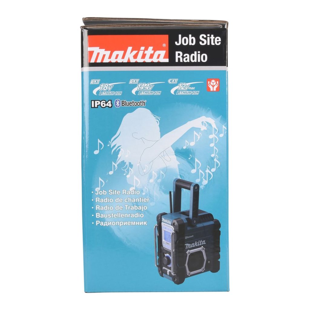 MAKITA Radio CXT / LXT. Kuvassa tuotteen myyntipakkaus sivustapäin.