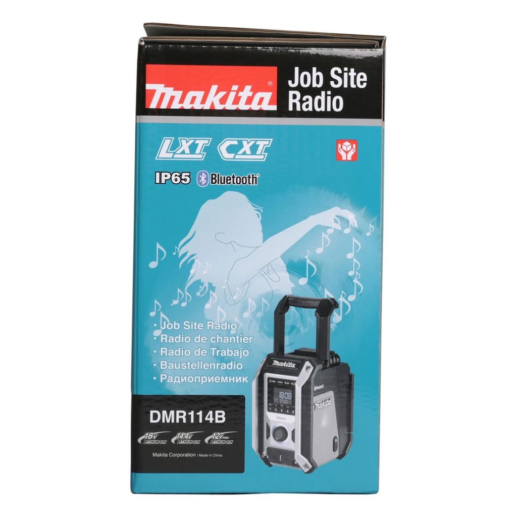 MAKITA Radio CXT / LXT. Kuvassa tuotteen myyntipakkaus sivustapäin.