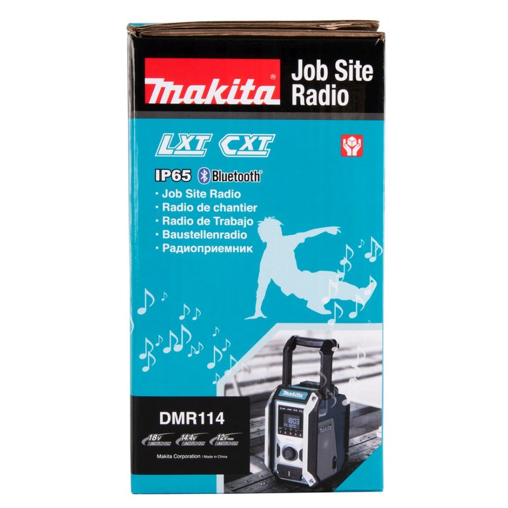 MAKITA Radio CXT / LXT. Kuvassa tuotteen myyntipakkaus sivustapäin.