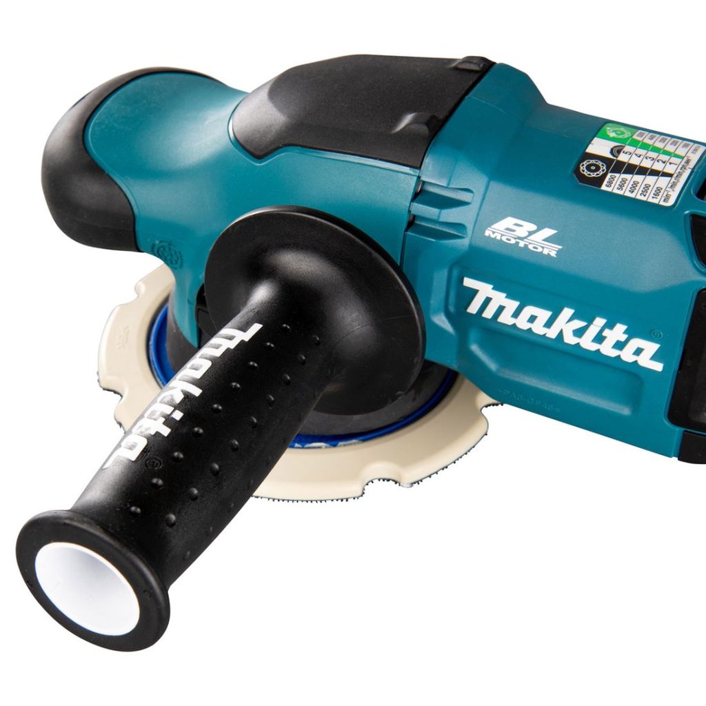 MAKITA Kiillotuskone LXT. Lähikuvassa Kiillotuskone LXT:n sivukahva.