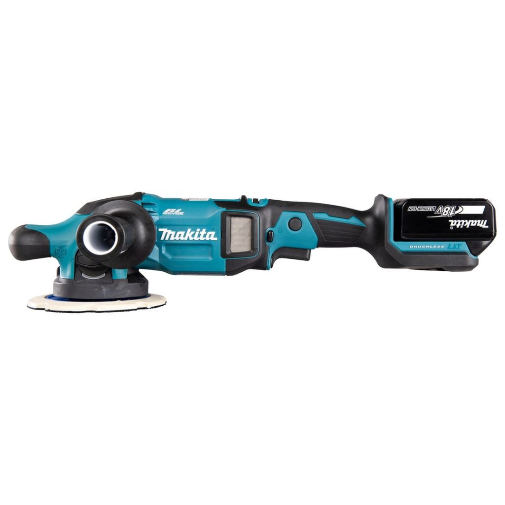 MAKITA Kiillotuskone LXT. Kuvassa Kiillotuskone LXT vasemmalta sivustapäin.