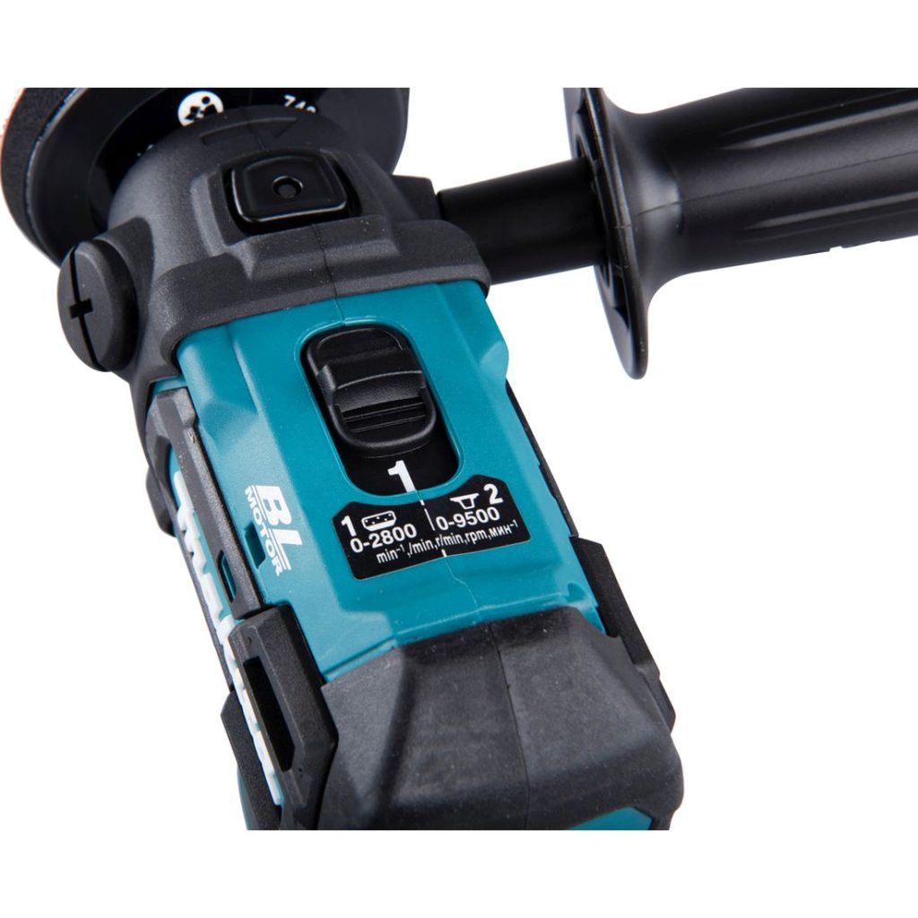 MAKITA Hioma-/kiillotuskone LXT. Lähikuvassa Hioma-/kiillotuskone LXT:n pyörimisnopeuden säädin.