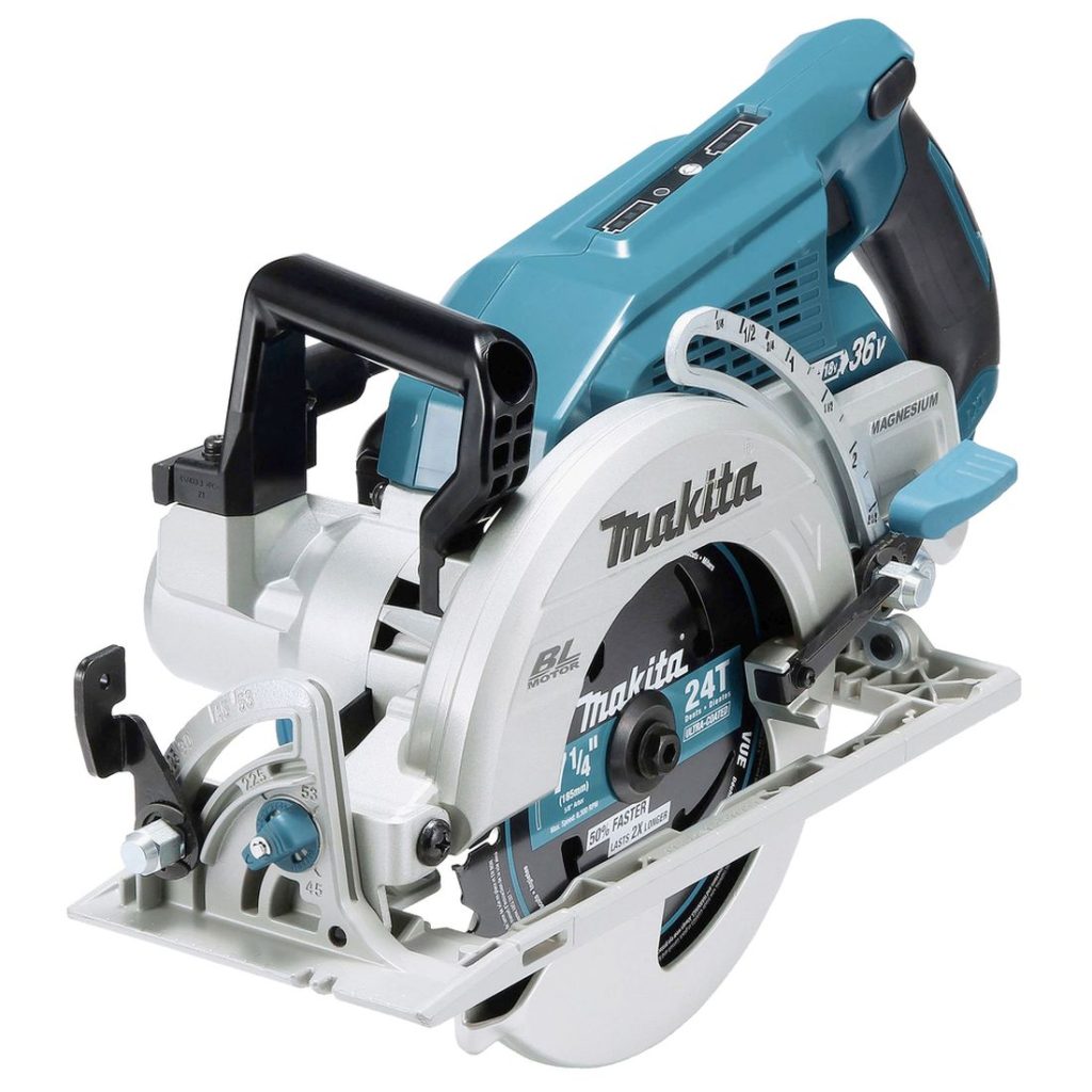 MAKITA Pyörösaha LXT. Kuvassa Pyörösaha LXT oikealta etuyläviistosta.