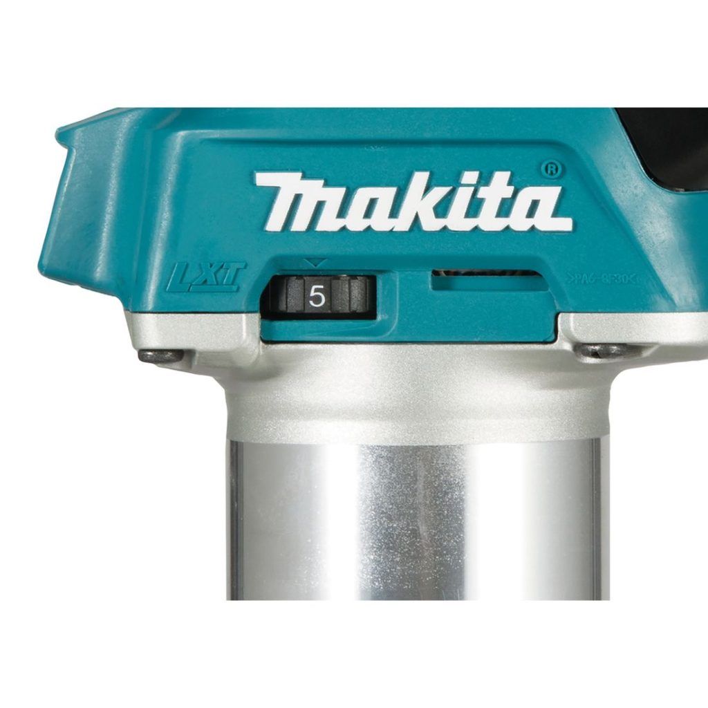 MAKITA Käsijyrsin LXT. Kuvassa Käsijyrsin LXT:n kierrosluvun säädin.