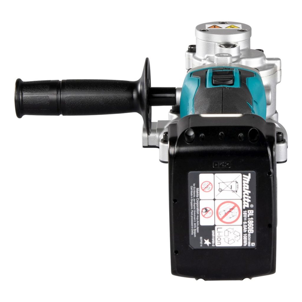 MAKITA Kierretanko- ja harjaterässaha LXT. Kuvassa Kierretanko- ja harjaterässaha LXT takaapäin.