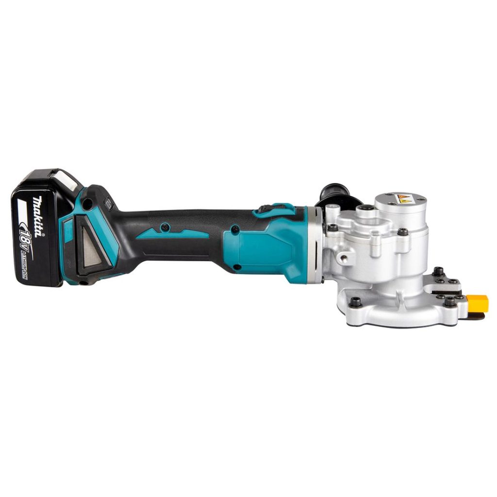 MAKITA Kierretanko- ja harjaterässaha LXT. Kuvassa Kierretanko- ja harjaterässaha LXT oikealta sivustapäin.