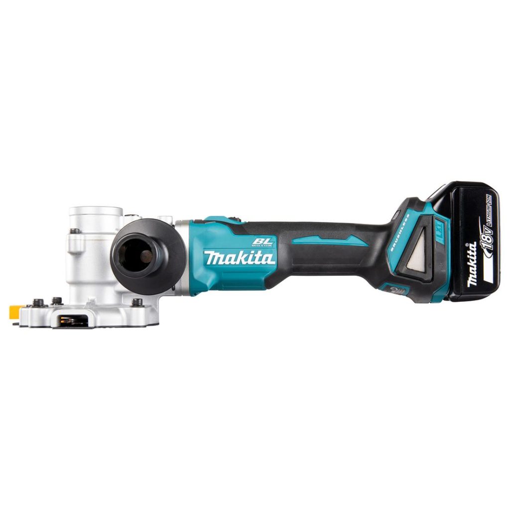 MAKITA Kierretanko- ja harjaterässaha LXT. Kuvassa Kierretanko- ja harjaterässaha LXT vasemmalta sivustapäin.