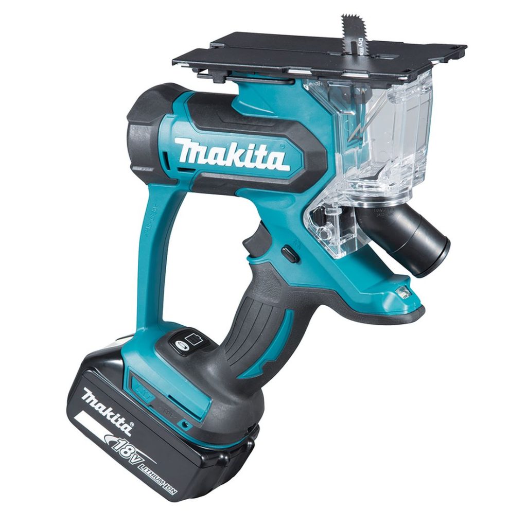 MAKITA Kipsilevysaha LXT. Kuvassa Kipsilevysaha LXT vasemmalta takayläviistosta.