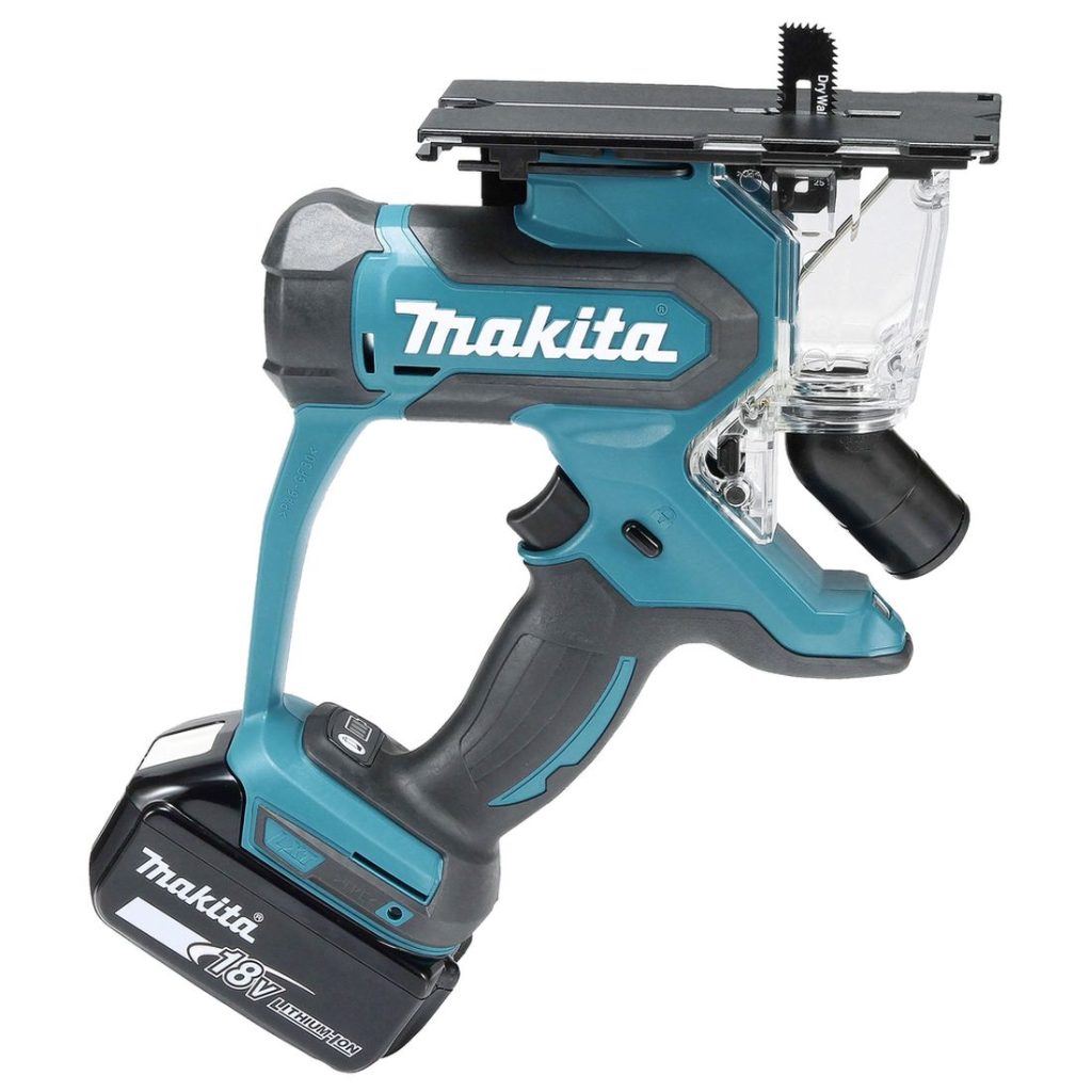 MAKITA Kipsilevysaha LXT. Kuvassa Kipsilevysaha LXT vasemmalta sivustapäin.