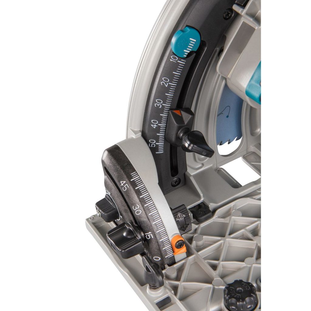 MAKITA Upotuspyörösaha LXT. Lähikuvassa Upotuspyörösaha LXT:n syvyyden ja kallistuksen säätimet.