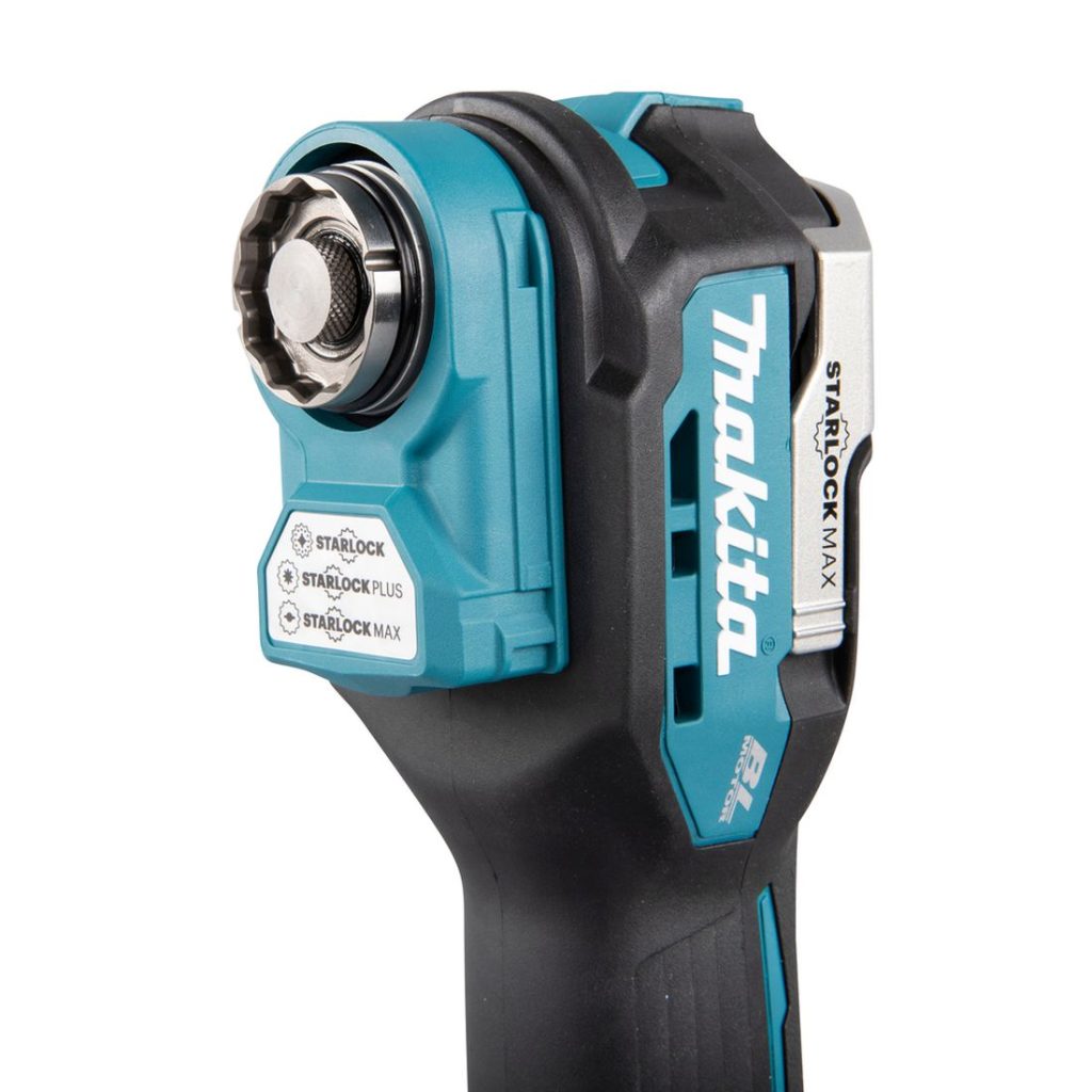 MAKITA Monitoimikone LXT. Lähikuvassa Monitoimikone LXT:n terän pikakiinnitys oikealta etuviistosta.