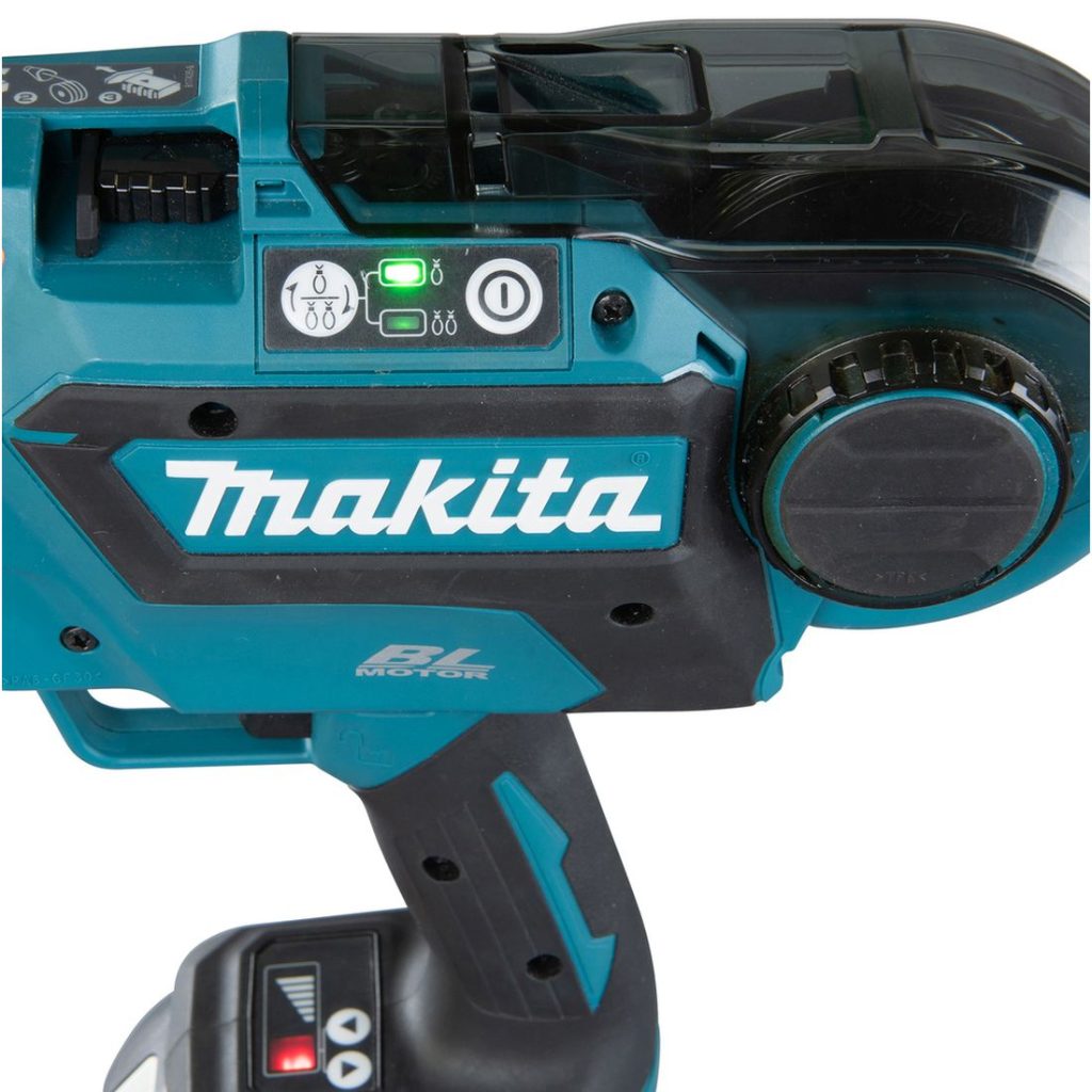 MAKITA Sidontakone LXT. Lähikuvassa Sidontakone LXT:n virtakytkin vasemmalta sivustapäin yläviistosta.