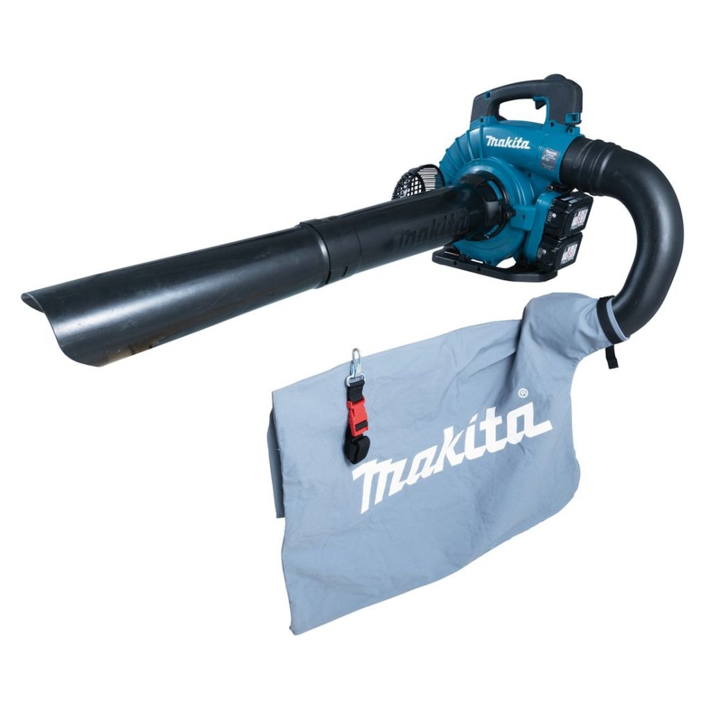 MAKITA Puhallin LXT. Kuvassa Puhallin LXT oikealta etuviistosta imurivarustus kiinnitettynä puhaltimeen.