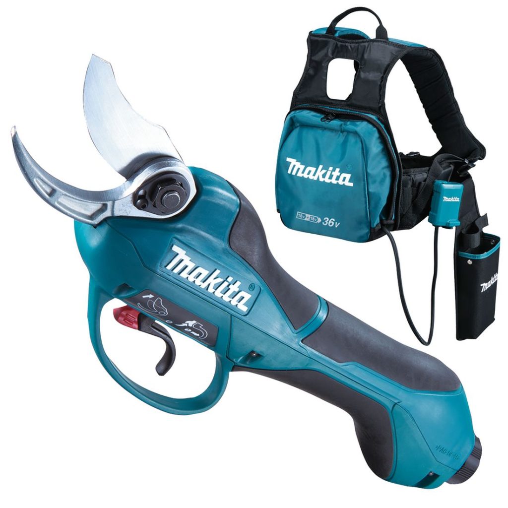 MAKITA Oksaleikkuri LXT. Kuvassa Oksaleikkuri LXT ja akkuvaljaat.