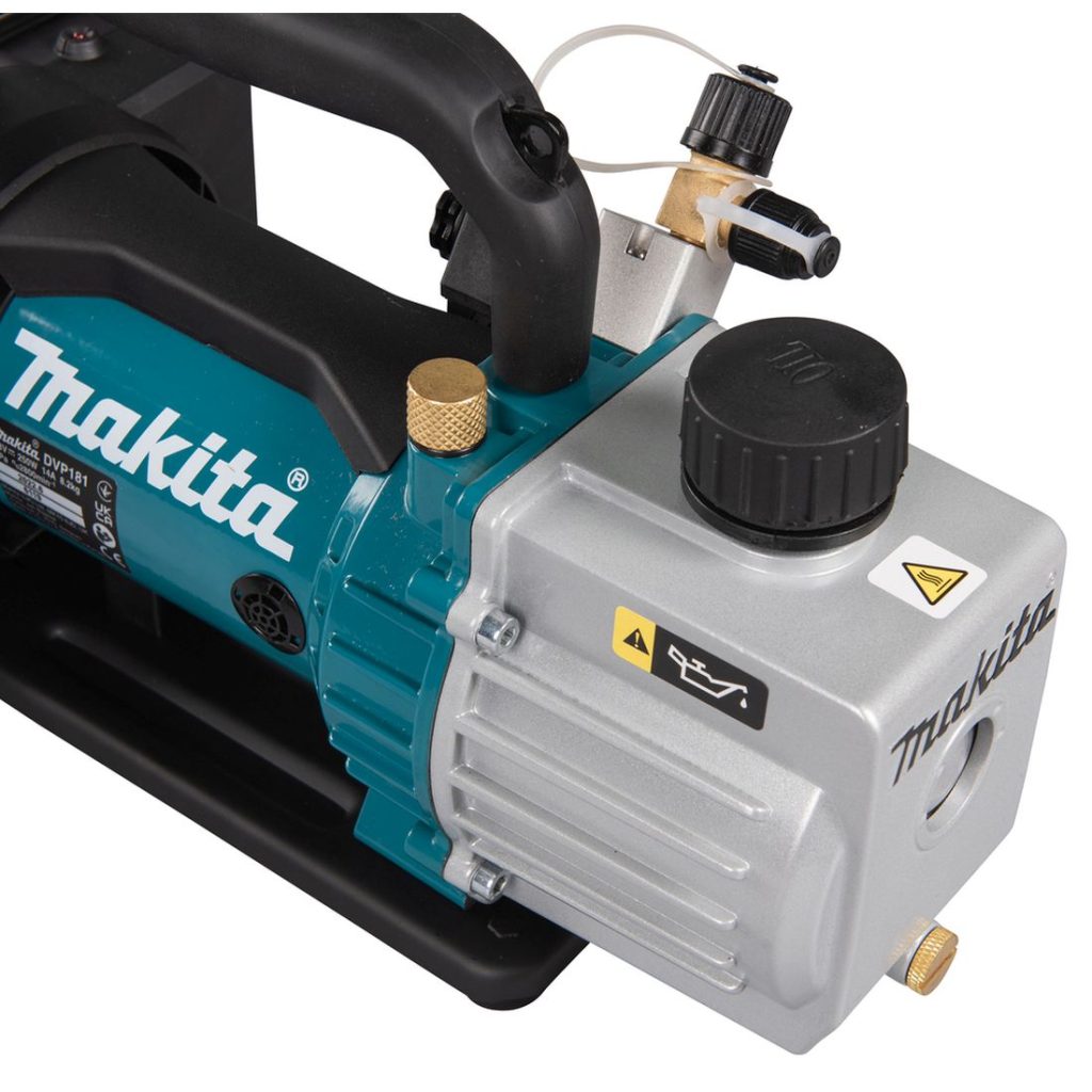 MAKITA Tyhjiöpumppu LXT. Lähikuvassa Tyhjiöpumppu LXT:n poistoventtiili.