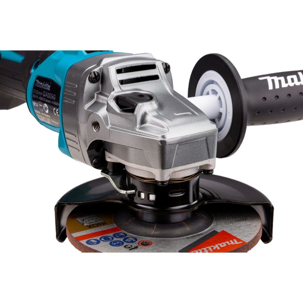 MAKITA Kulmahiomakone XGT. Lähikuvassa Kulmahiomakone XGT:n laikansuojus.