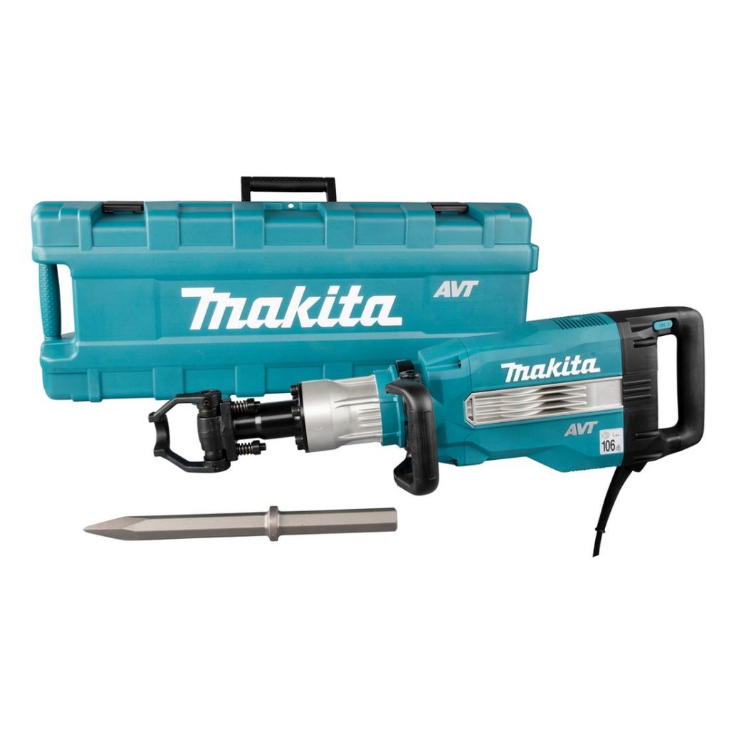 MAKITA Piikkausvasara. Kuvassa piikkausvasaran salkku, piikkausvasara ja piikki.
