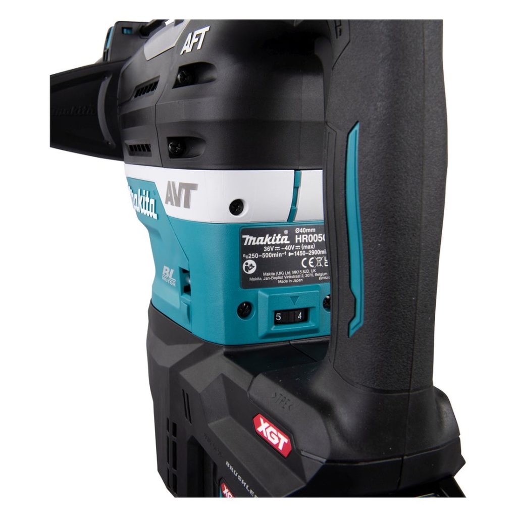MAKITA Poravasara XGT. Lähikuvassa Poravasara XGT:n portaaton nopeudensäädin.