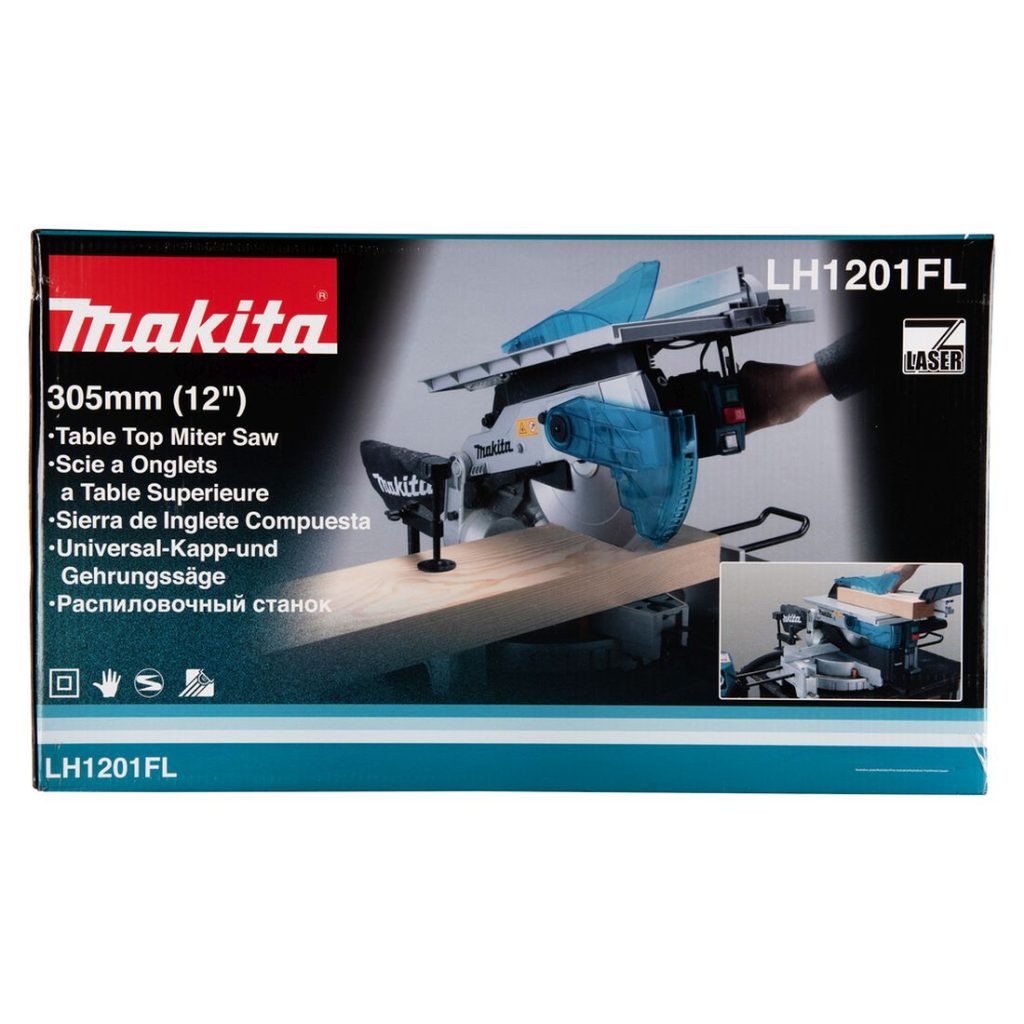 MAKITA Katkaisu- ja pöytäsaha. Kuvassa tuotteen myyntipakkaus edestäpäin.
