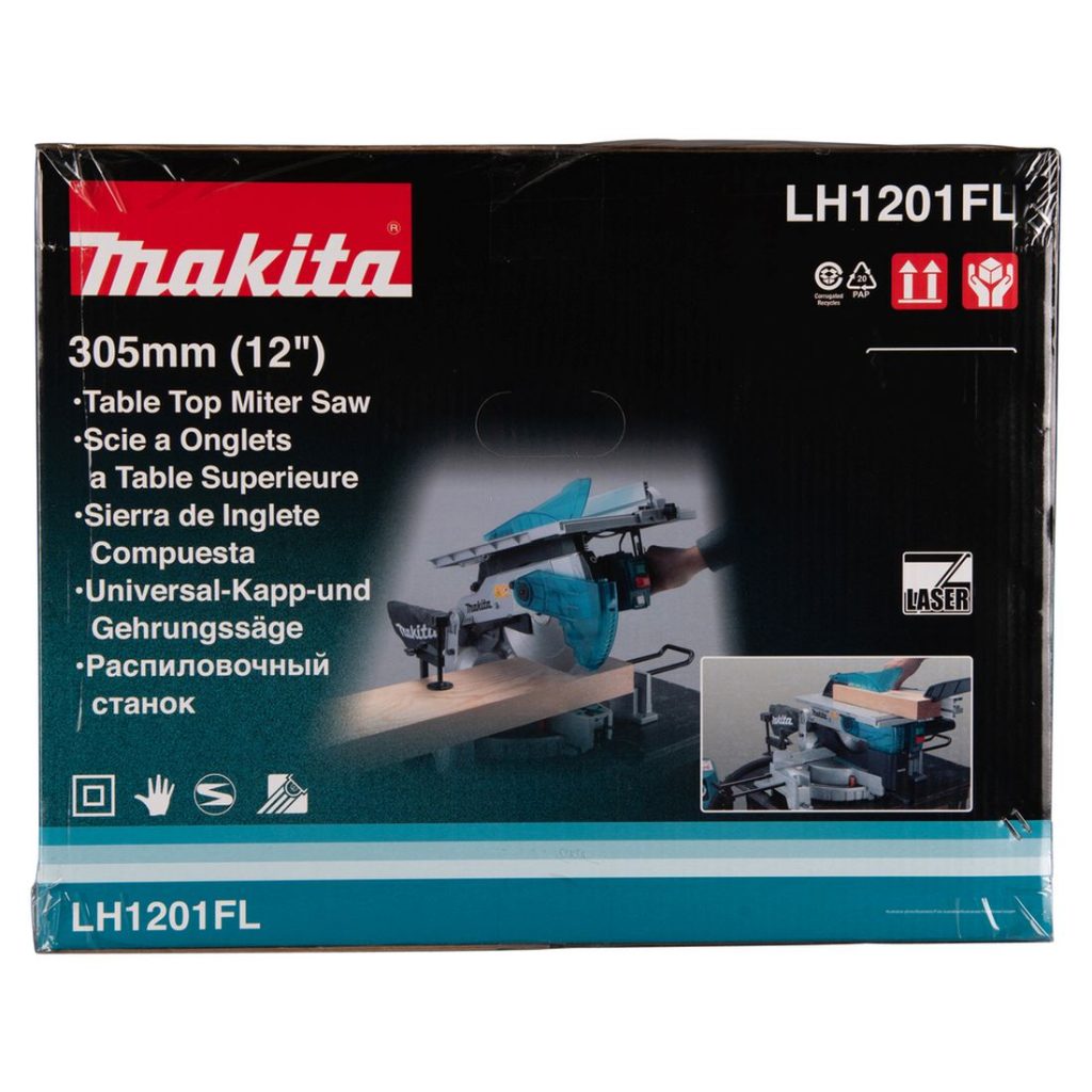 MAKITA Katkaisu- ja pöytäsaha. Kuvassa tuotteen myyntipakkaus sivustapäin.
