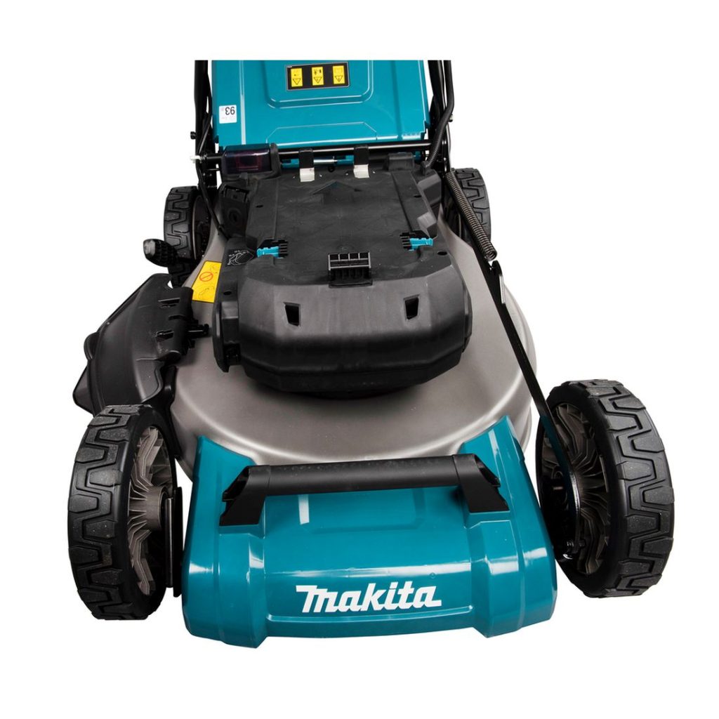 MAKITA Ruohonleikkuri. Lähikuvassa Ruohonleikkuri edestäpäin yläviistosta.