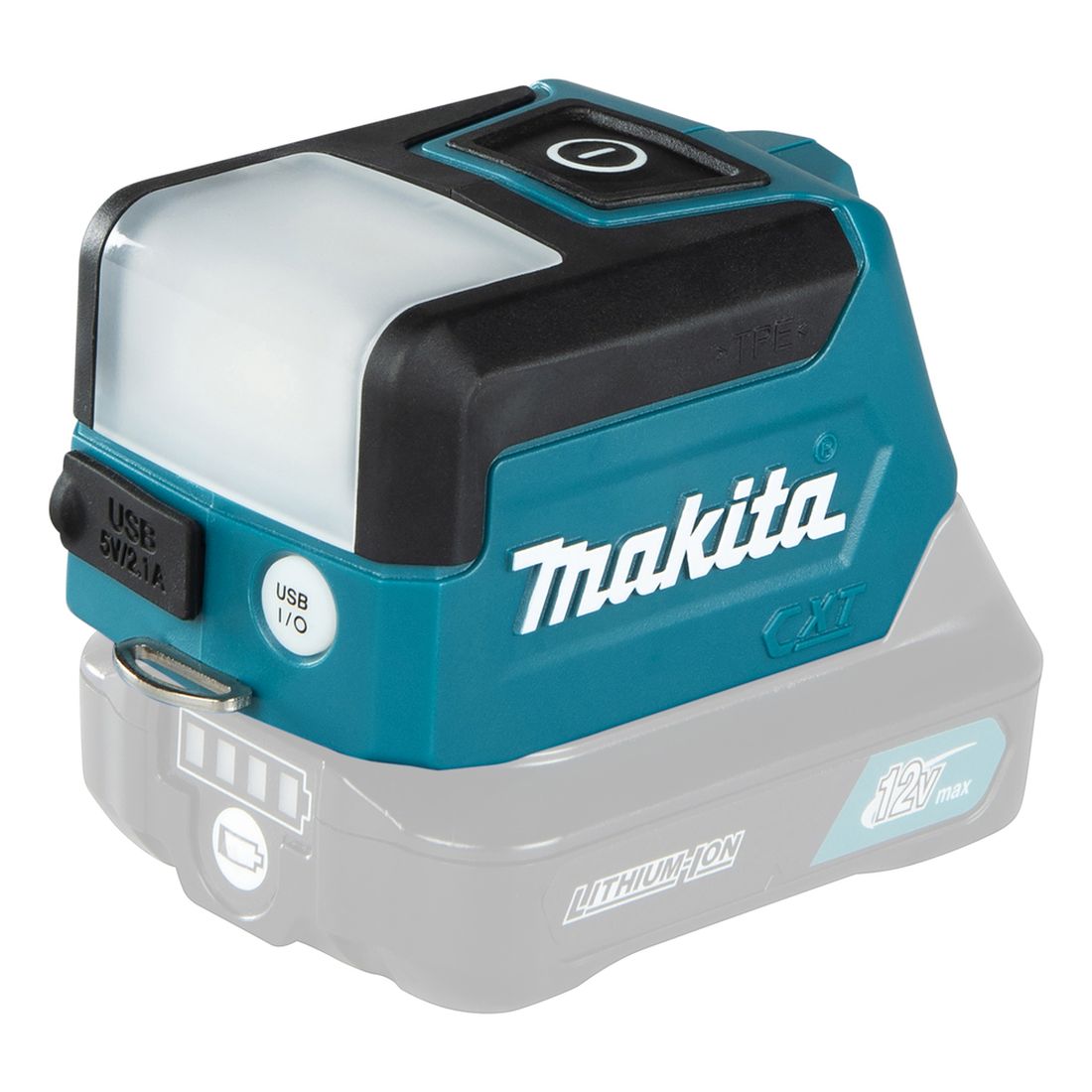 MAKITA LED-valaisin CXT. Kuvassa LED-valaisin CXT oikealta etuyläviistosta.