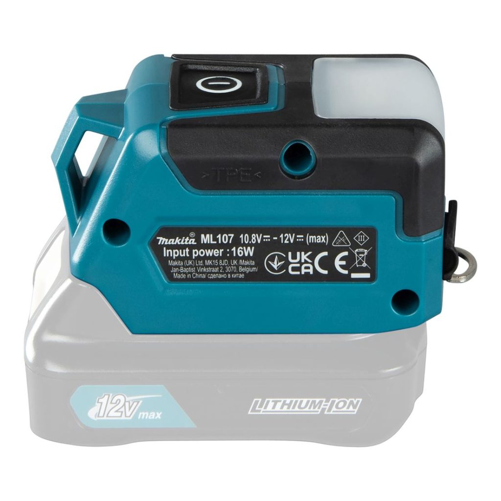 MAKITA LED-valaisin CXT. Kuvassa LED-valaisin CXT oikealta sivustapäin.