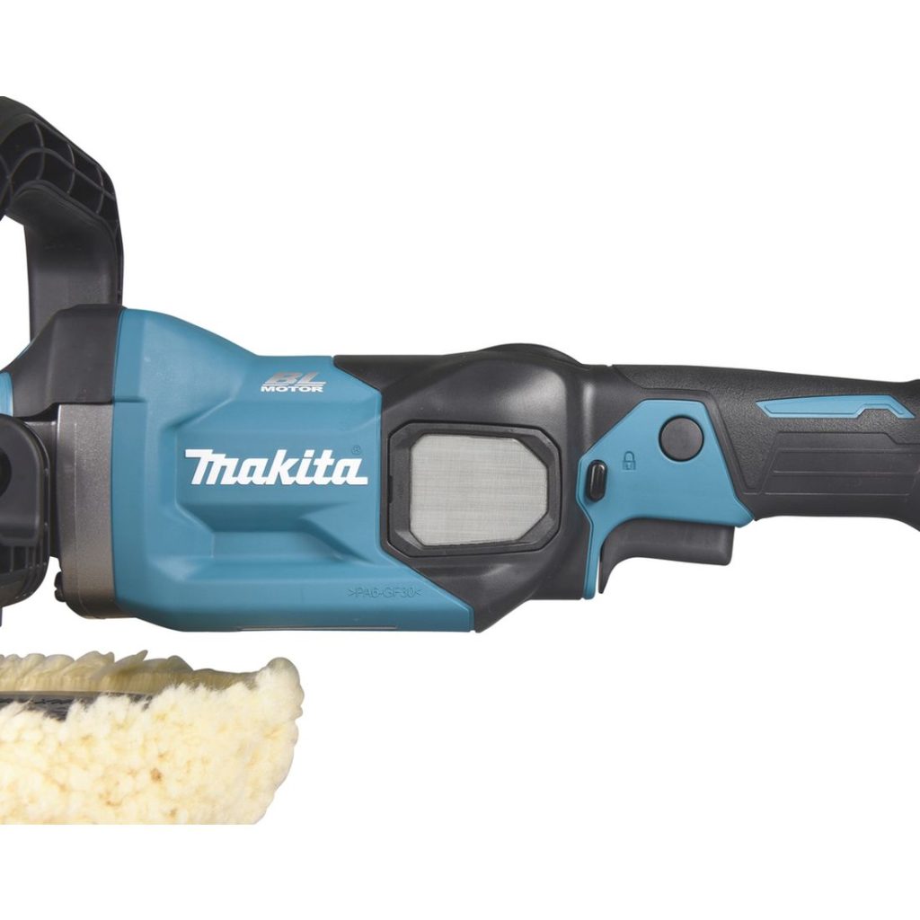 MAKITA Kiillotuskone XGT. Lähikuvassa Kiillotuskone XGT:n kumipintainen kädensija.