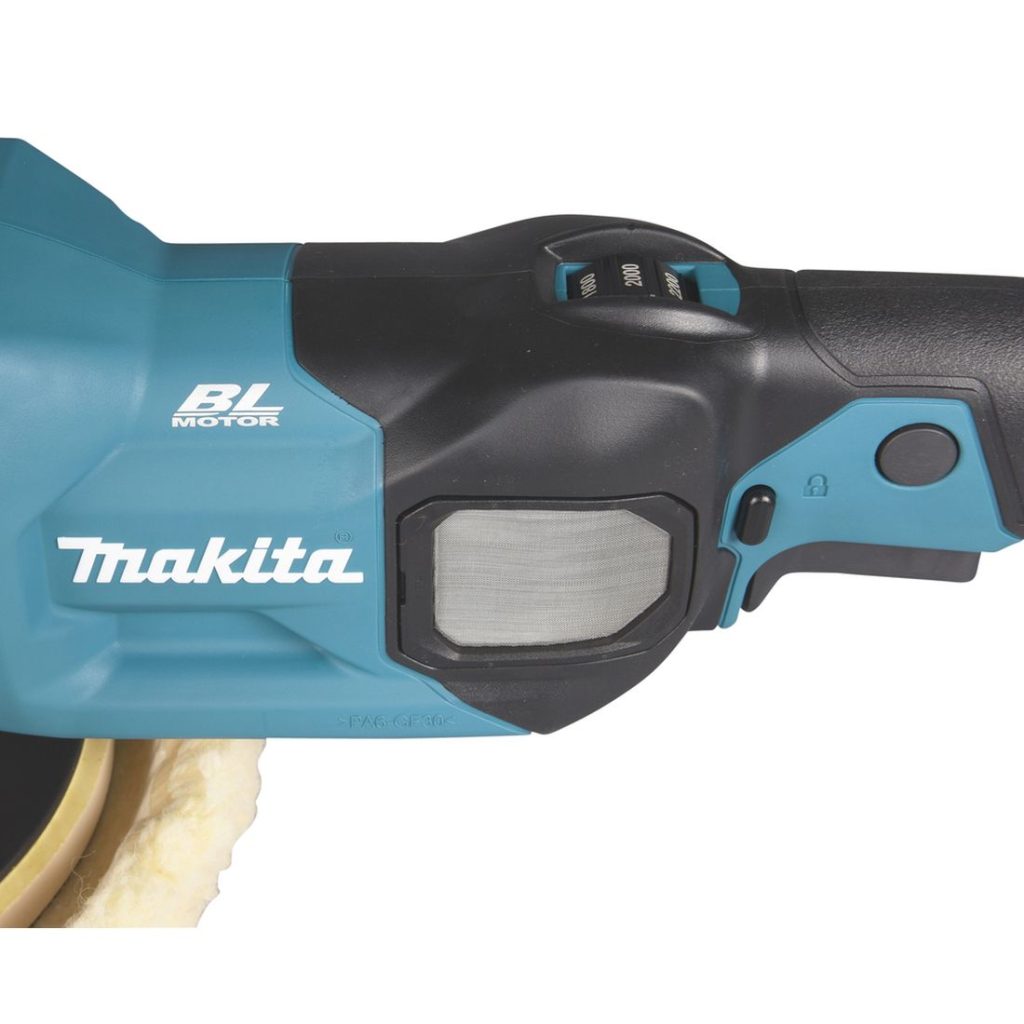 MAKITA Kiillotuskone XGT. Lähikuvassa Kiillotuskone XGT:n nopeudensäädin.