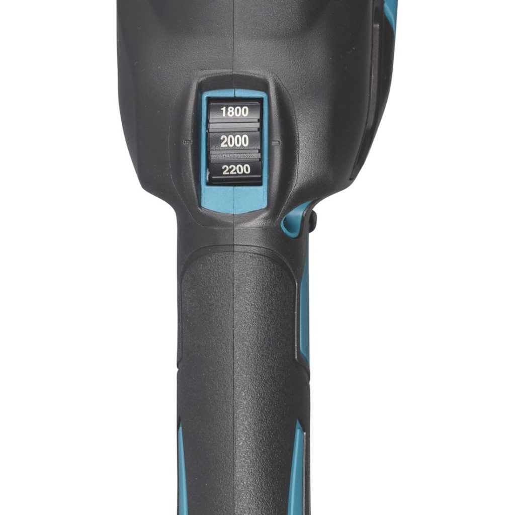 MAKITA Kiillotuskone XGT. Lähikuvassa Kiillotuskone XGT:n nopeudensäädin.