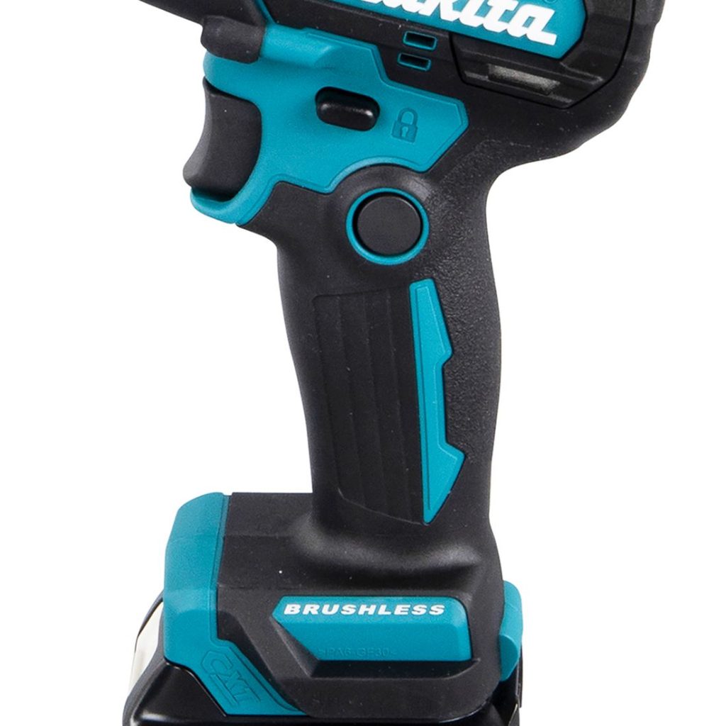 MAKITA Hioma-/kiillotuskone CXT. Lähikuvassa Hioma-/kiillotuskone CXT:n kumipintainen kädensija.