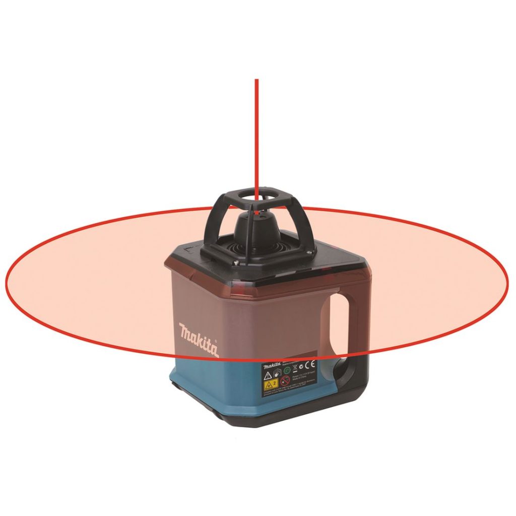 MAKITA Pyörivä laser. Havainnekuvassa Pyörivä laserin pysty- ja vaakamittausominaisuus.