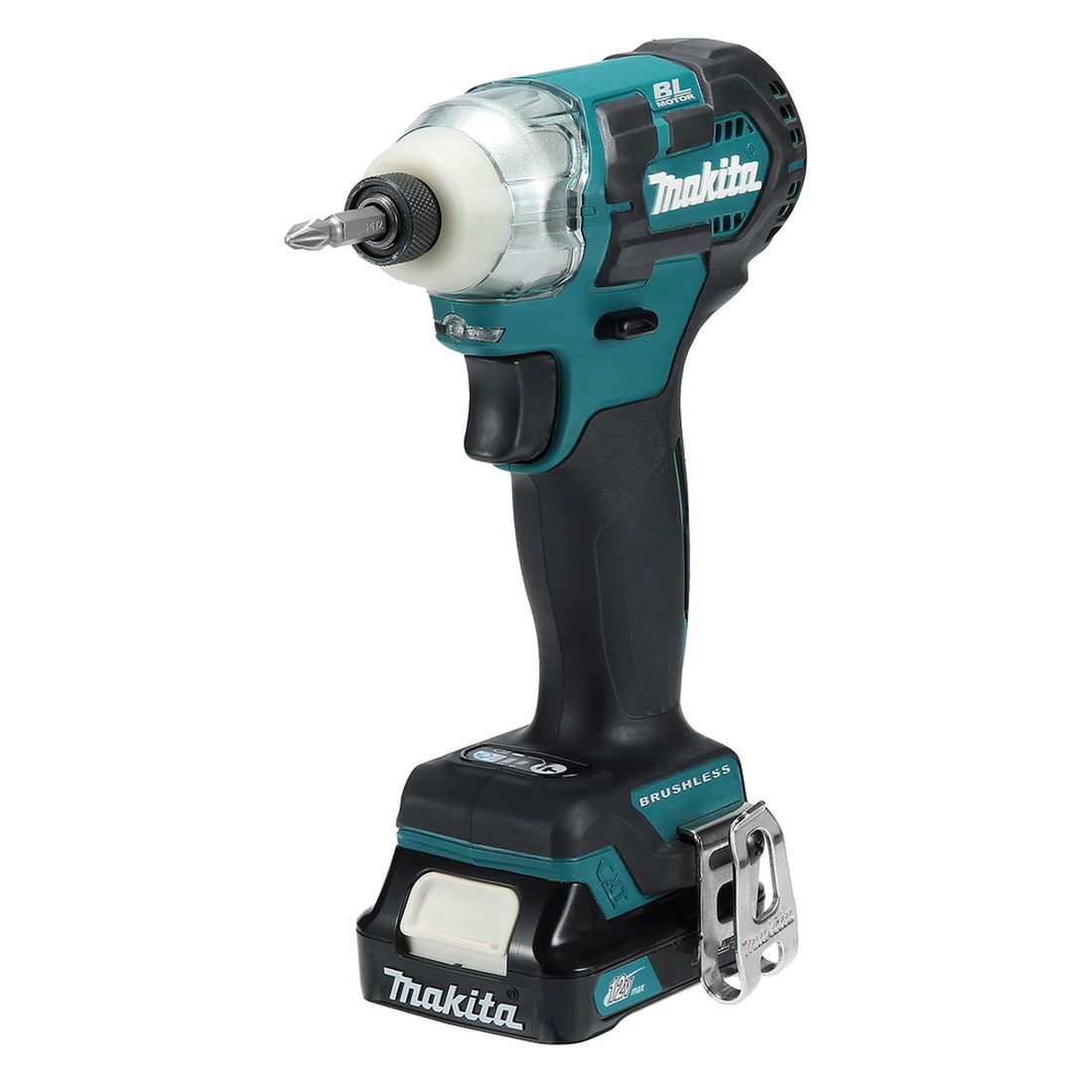 MAKITA Iskevä ruuvinväännin CXT. Kuvassa Iskevä ruuvinväännin CXT oikealta etuyläviistosta.