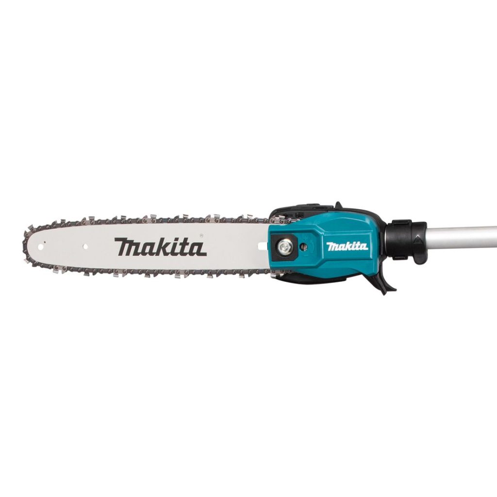 MAKITA Ketjusaha XGT. Lähikuvassa Ketjusaha XGT:n sahauspää vasemmalta sivustapäin.