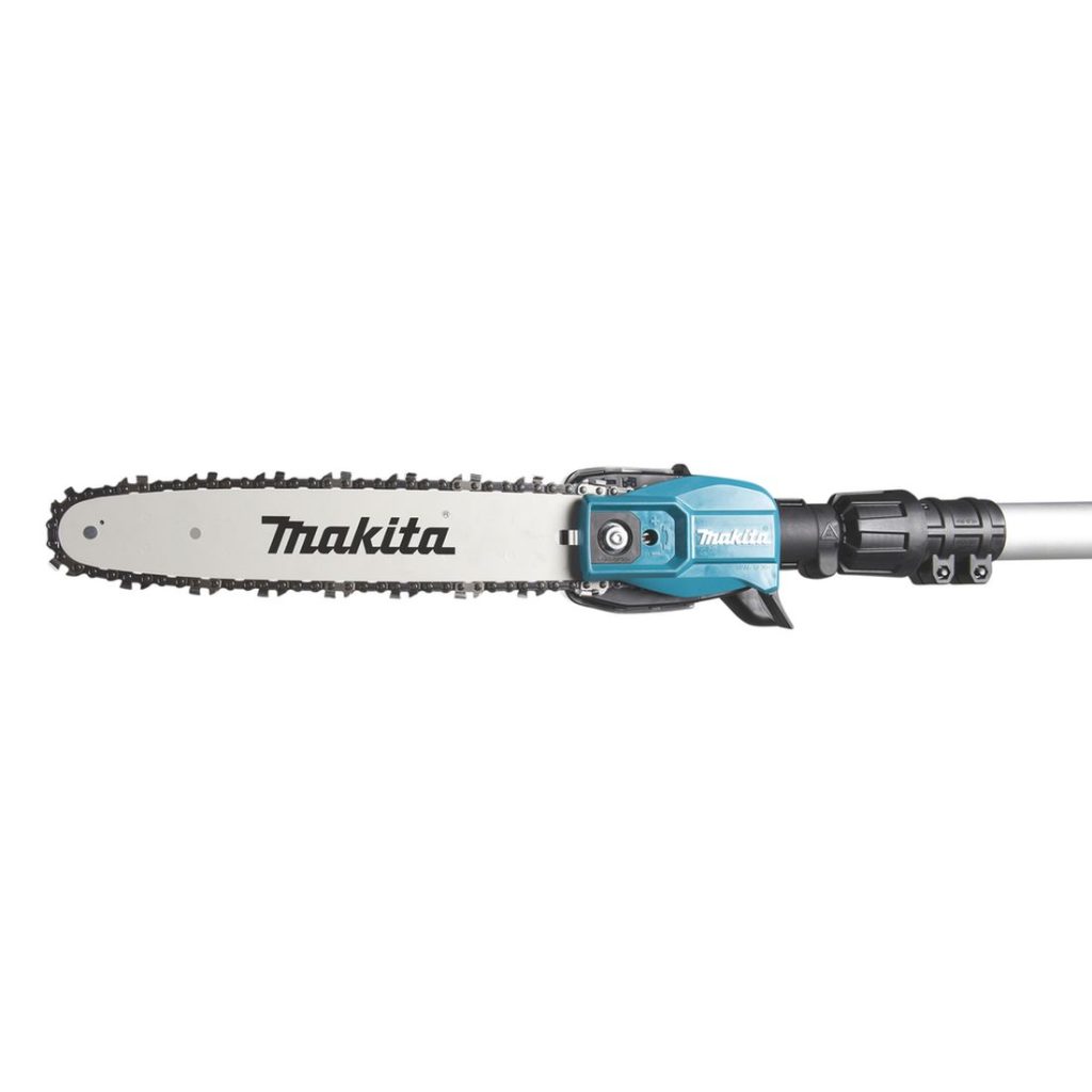 MAKITA Ketjusaha XGT. Lähikuvassa Ketjusaha XGT:n sahauspää vasemmalta sivustapäin.