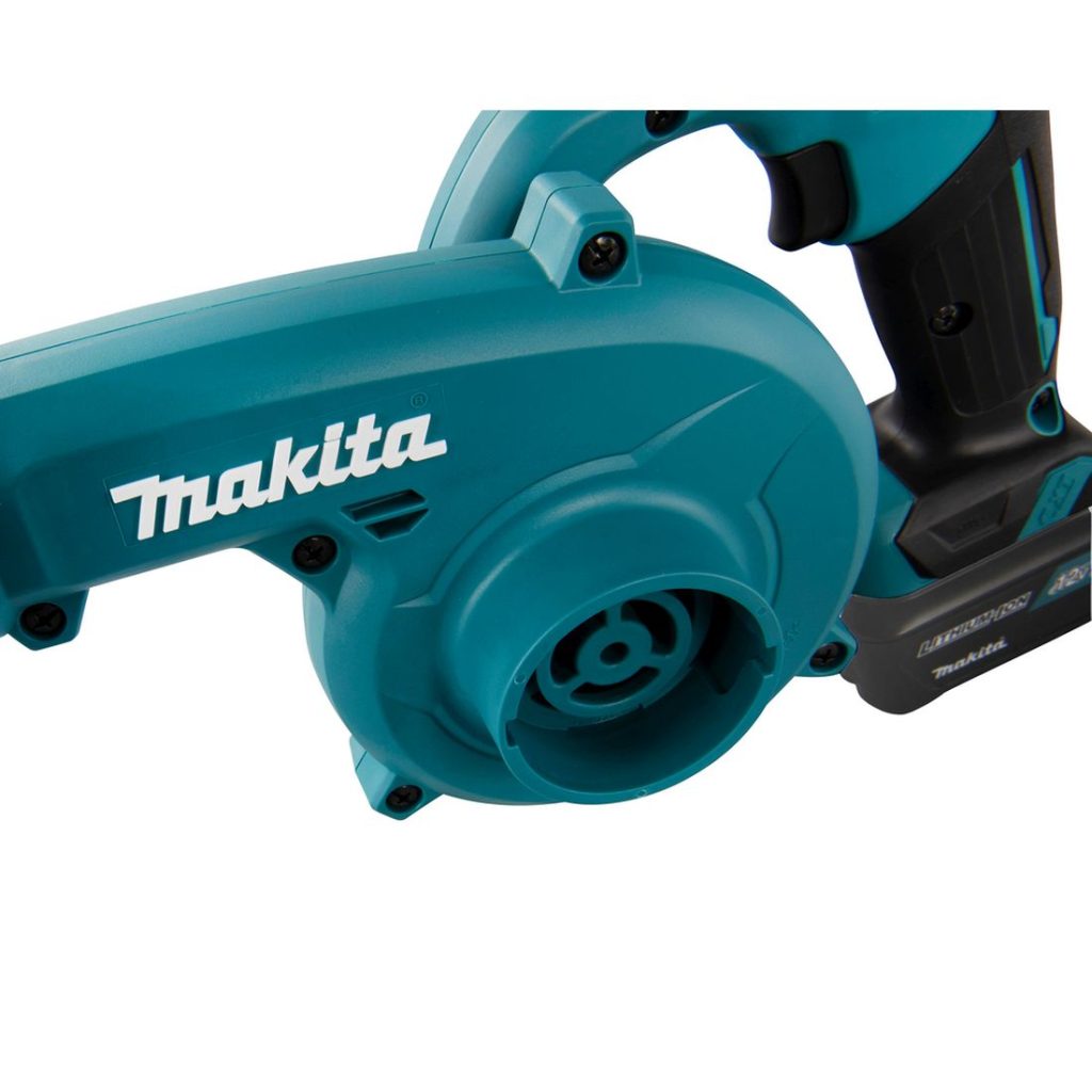 MAKITA Puhallin CXT. Lähikuvassa Puhallin CXT:n tuulettimen ilmanottoaukot.