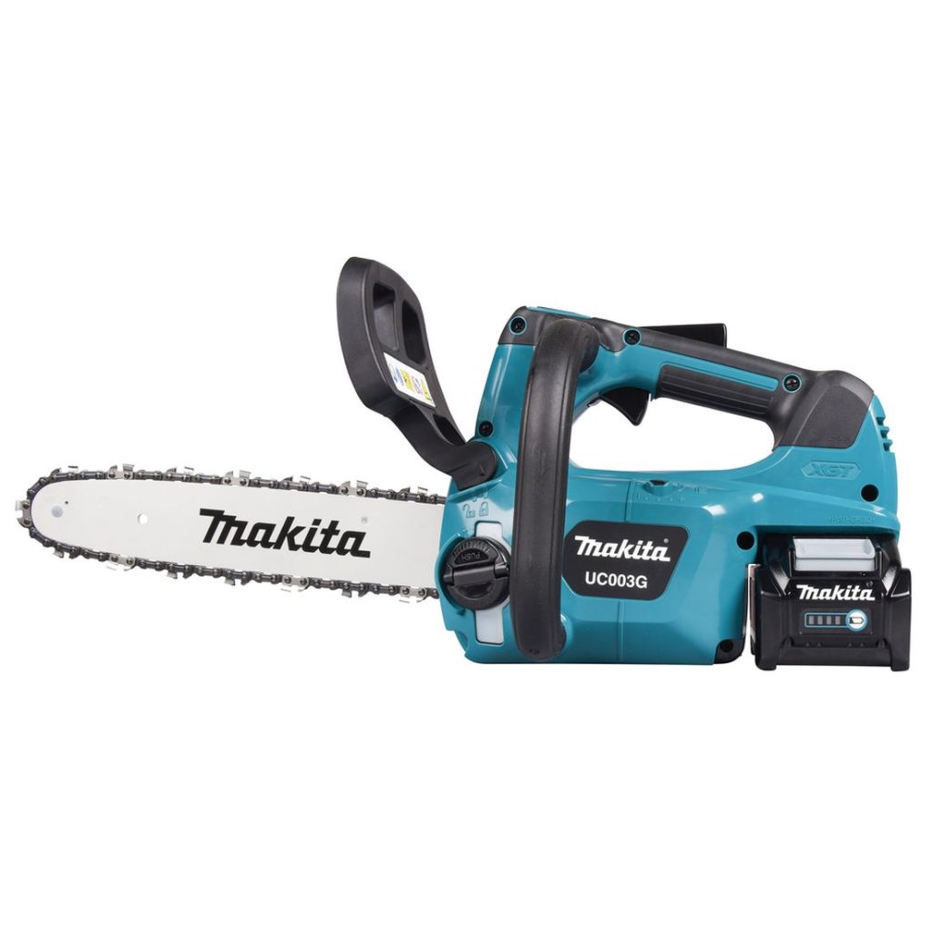 MAKITA Ketjusaha XGT. Kuvassa Ketjusaha XGT vasemmalta sivustapäin.