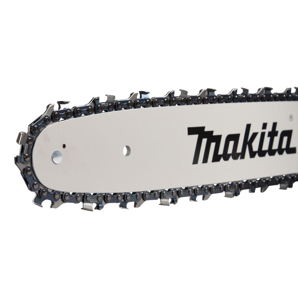 MAKITA Ketjusaha XGT. Lähikuvassa Ketjusaha XGT:n terä ja laippa oikealta etuviistosta.