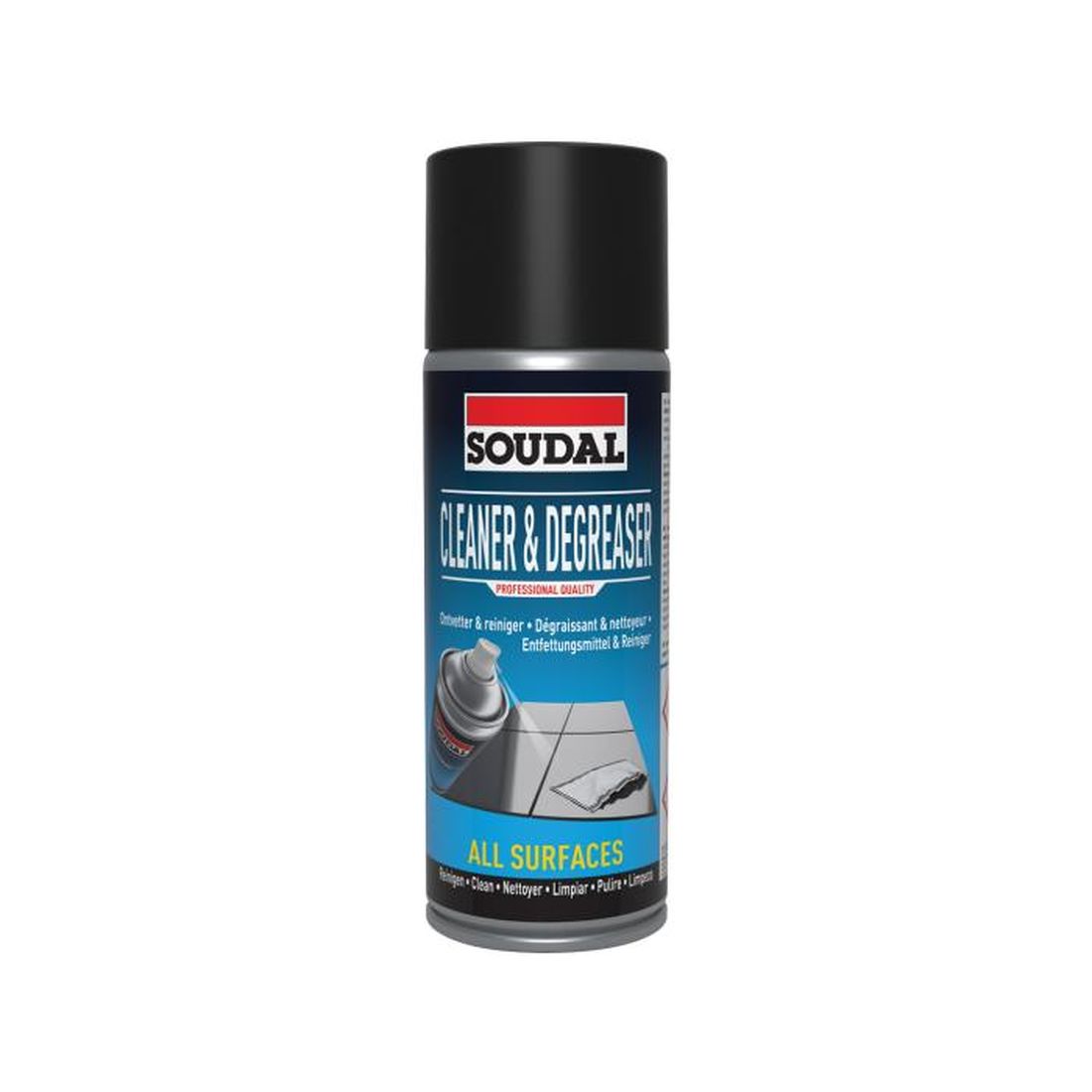 SOUDAL Cleaner & Degreaser 400ml. Kuvassa spraypurkki edestäpäin.