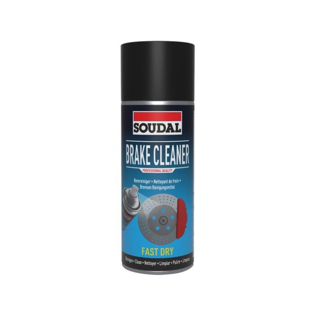 SOUDAL Brake Cleaner 400ml. Kuvassa spraypurkki edestäpäin.