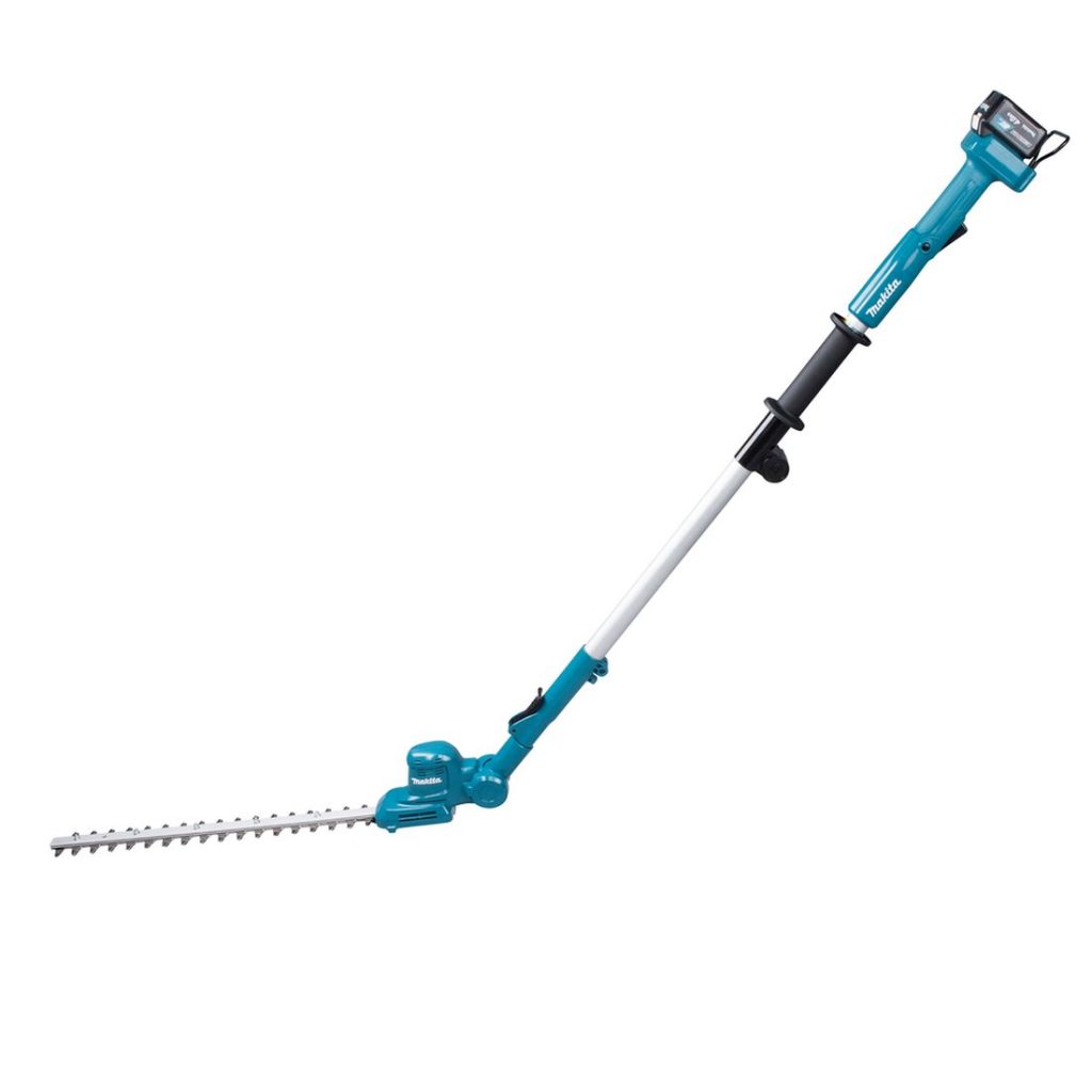 MAKITA Pensasleikkuri CXT. Kuvassa Pensasleikkuri CXT vasemmalta sivustapäin.