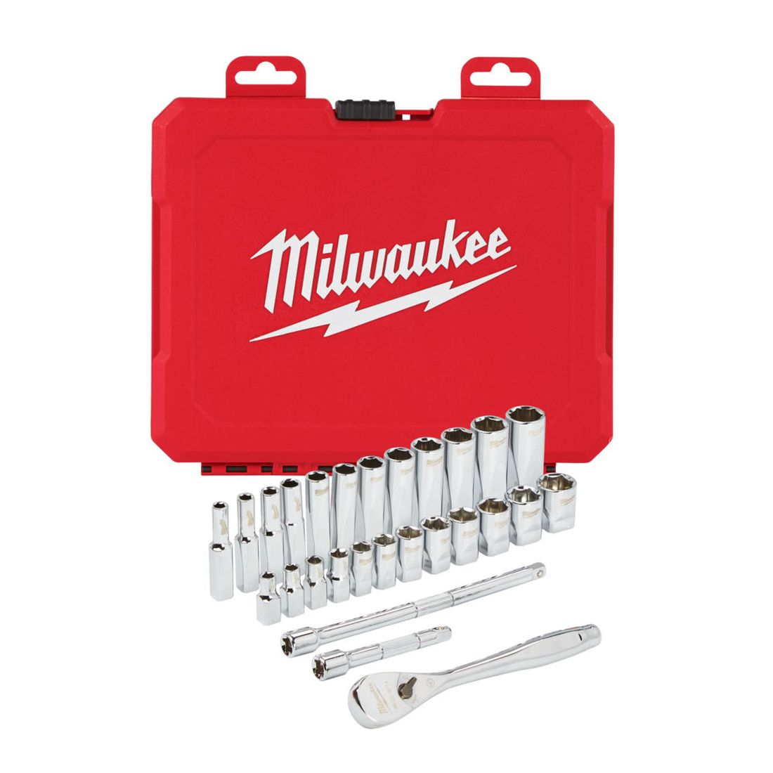 Milwaukee Hylsysarja Räikällä 1/4" 28-osainen. Kuvassa hylsysarjan salkku, hylsyt, jatkovarret ja räikkä.